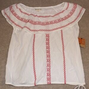 RuffHewn White Red Embroidered Ruffle Off Shoulder Boho Peasant Top NWT PXL